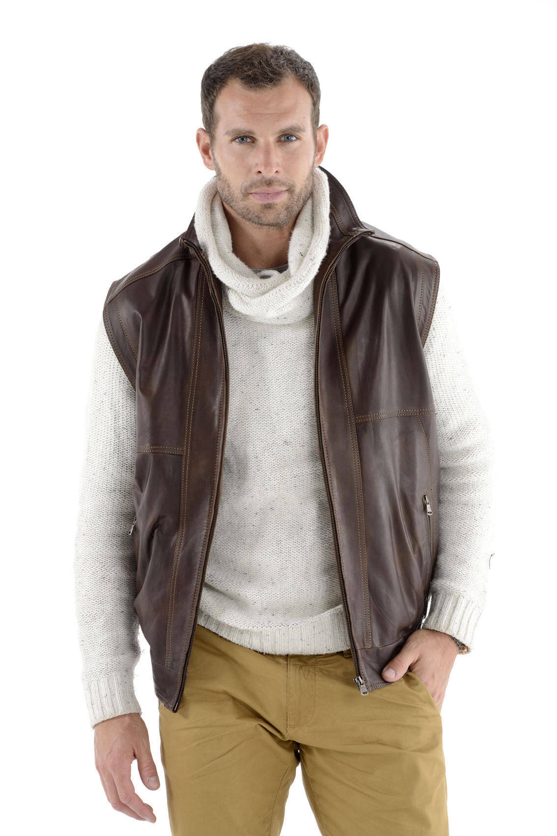 gilet sans manches 2010- gilet cuir homme marron zooms