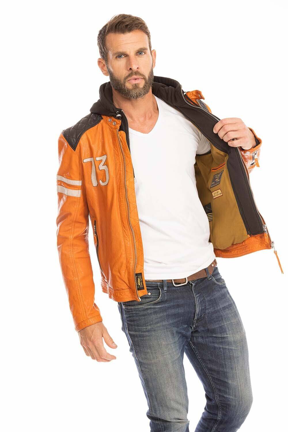 blouson cuir homme orange 102555 style motard a capuche (11)