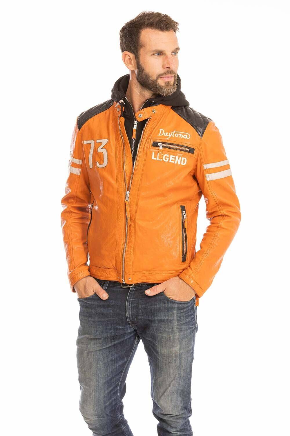 blouson cuir homme orange 102555 style motard a capuche (13)