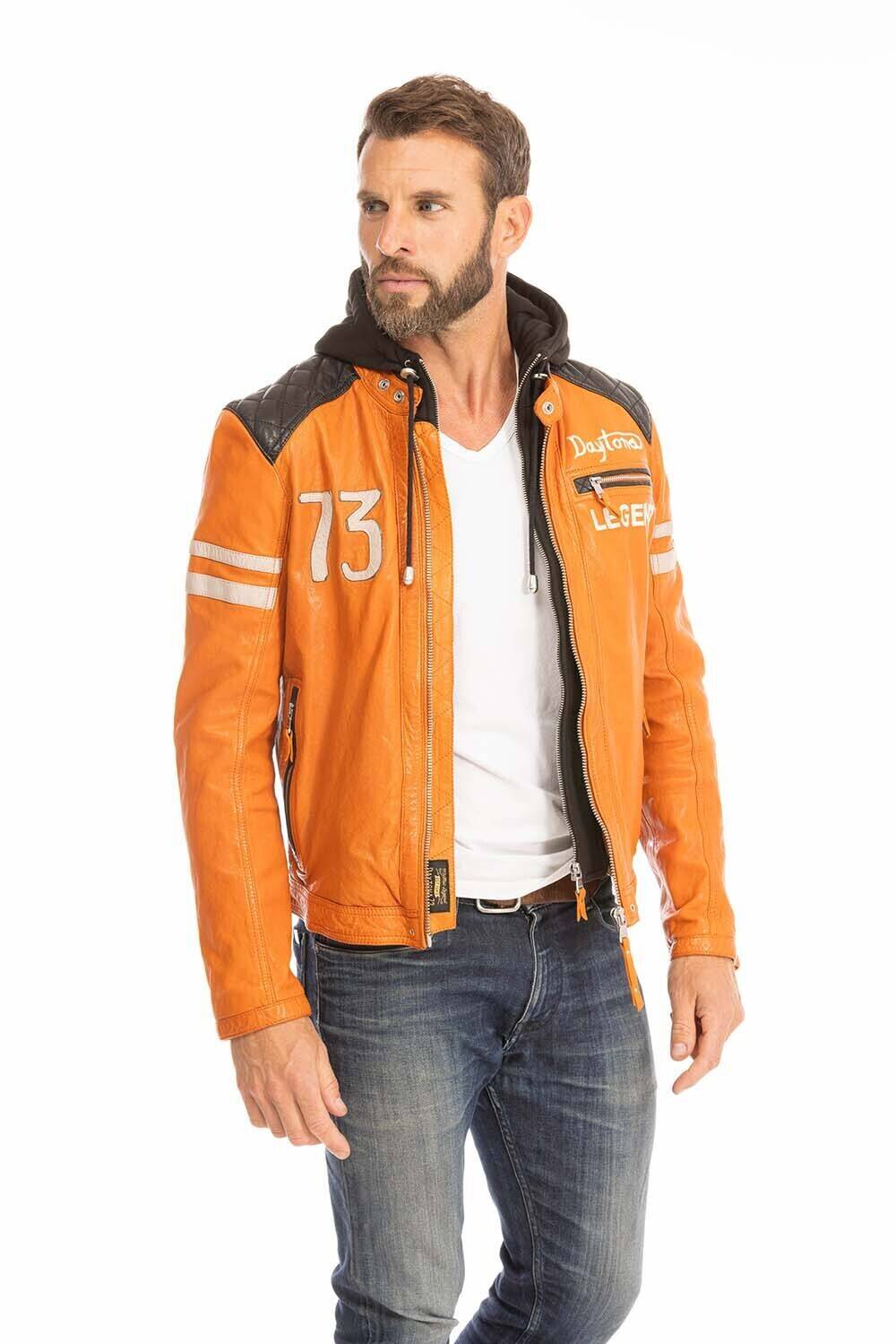 blouson cuir homme orange 102555 style motard a capuche (3)