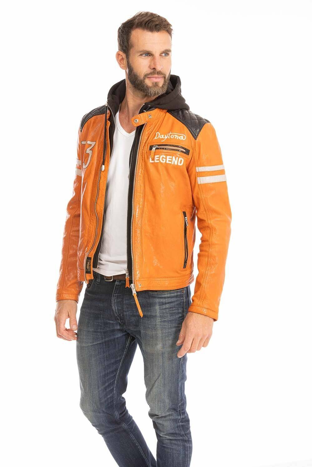 blouson cuir homme orange 102555 style motard a capuche (4)