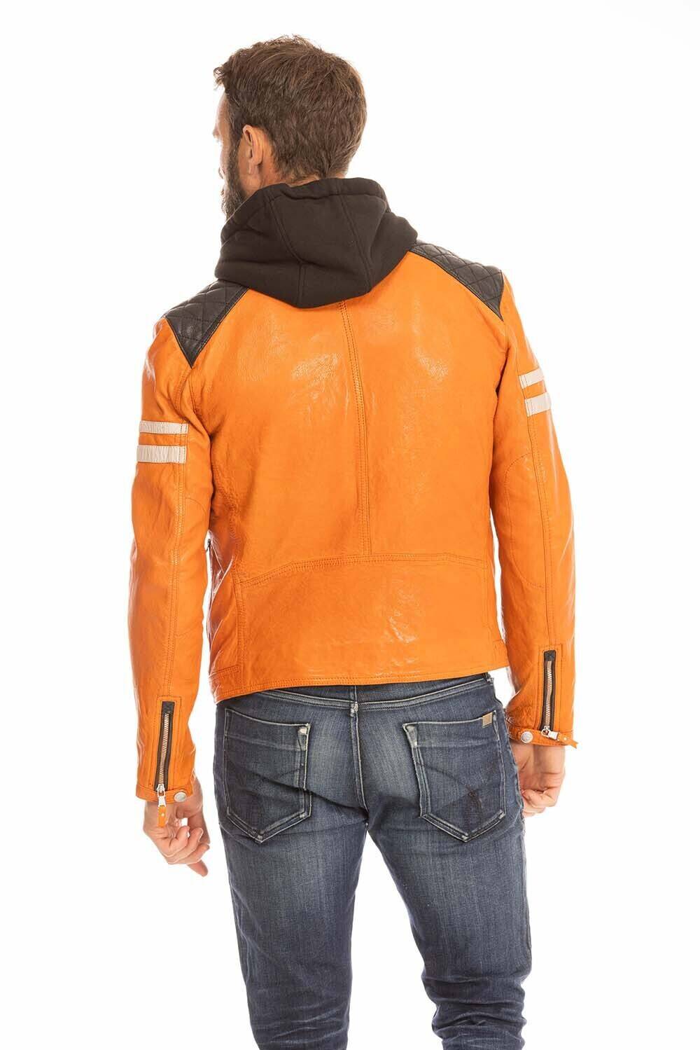 blouson cuir homme orange 102555 style motard a capuche (9)