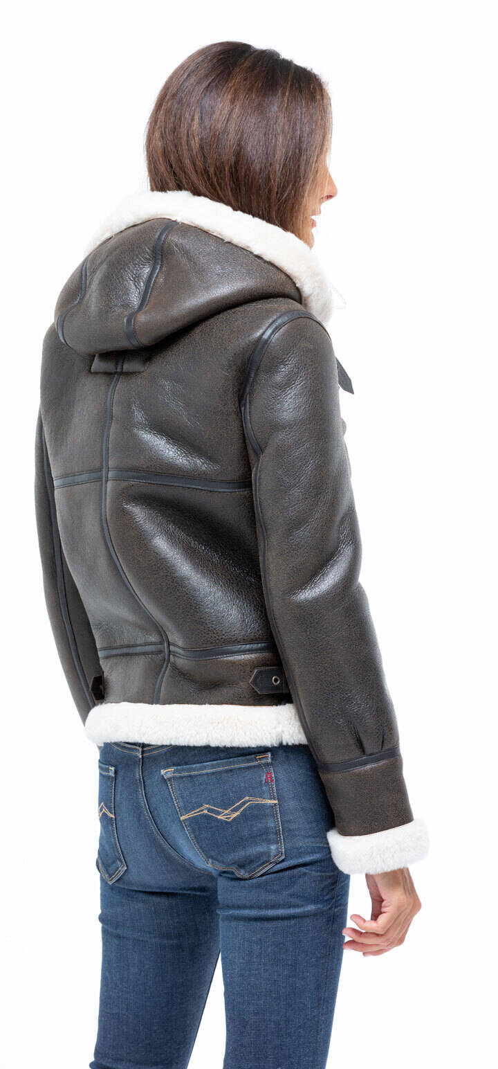 blouson bombardier mouton marron 1257h chaud hiver à capuche mannequin (3)