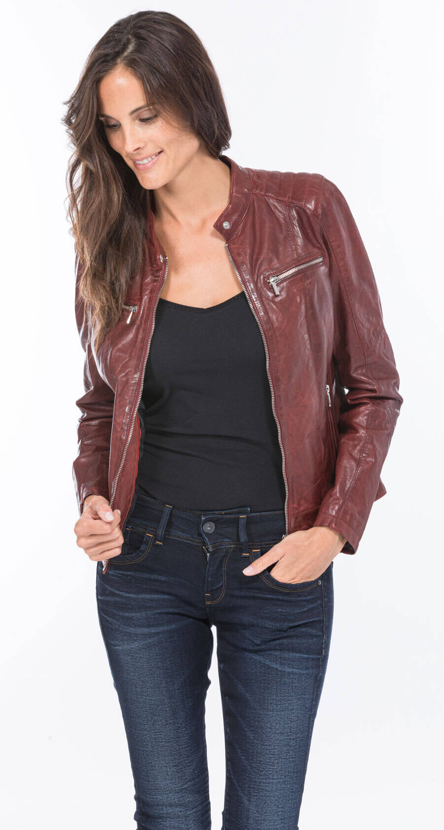 blouson cuir femme agneau rouge 101122 style motard (6)