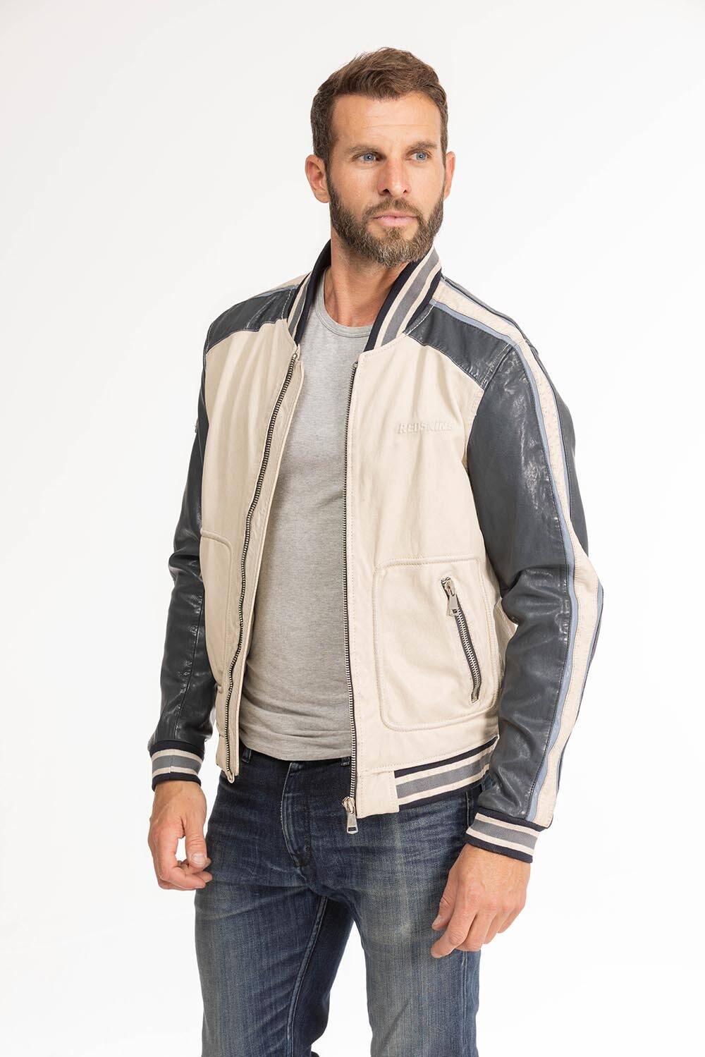 blouson cuir homme bombers fray beige navy (4)