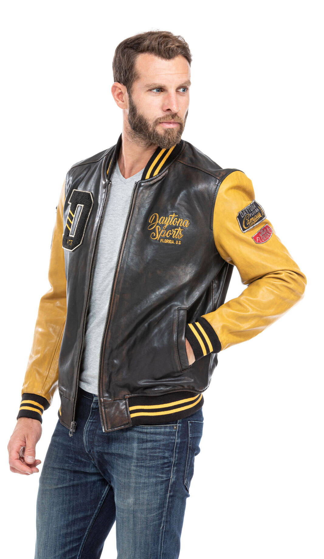 blouson cuir homme daytona teddy noir jaune 101489 (2)