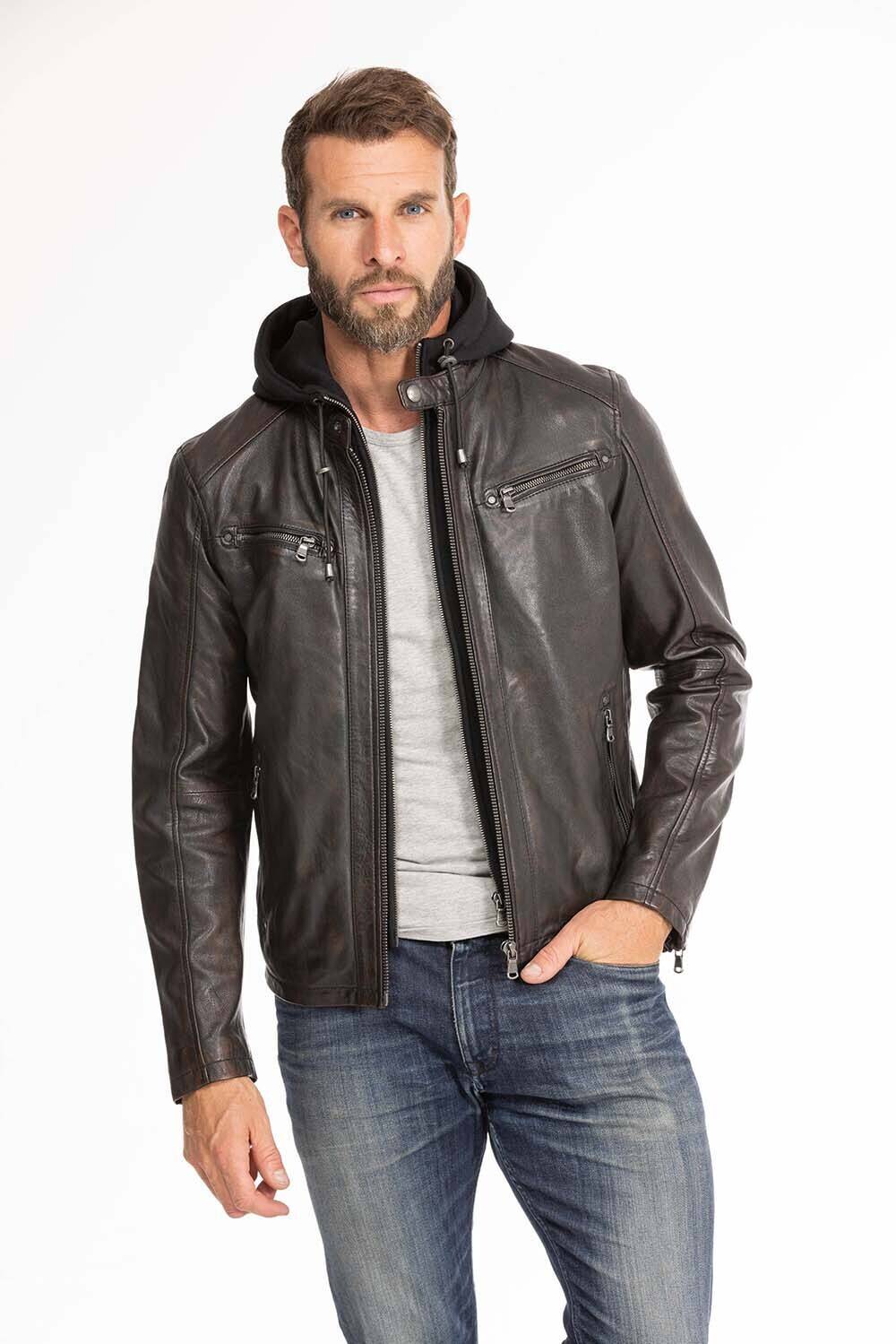 blouson cuir homme noir marron 102944 capuche  (1)