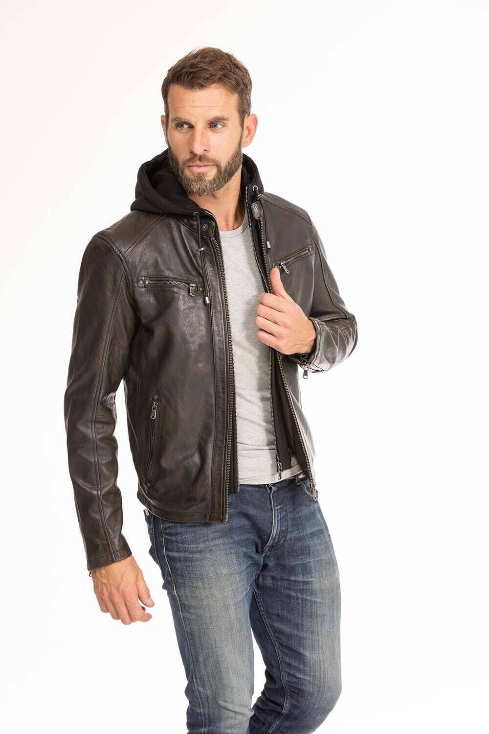 blouson cuir homme noir marron 102944 capuche  (4)