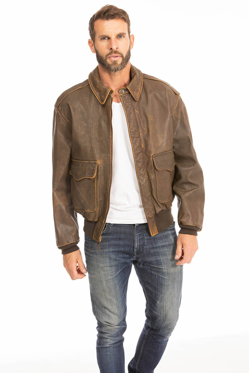 blouson cuir homme pilote aviateur marron vieilli mustang cockpit (7)