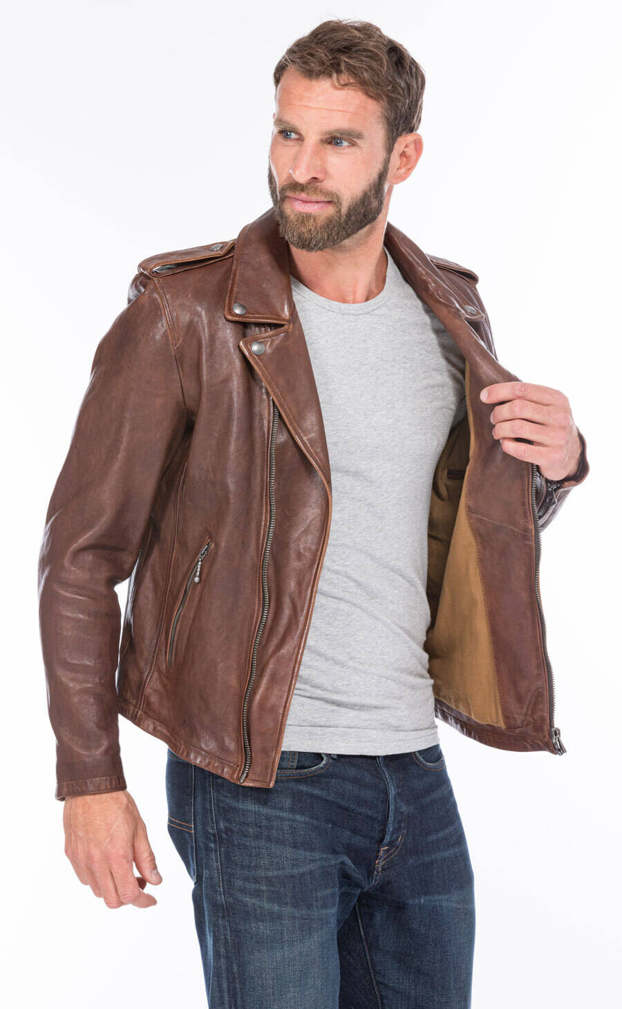 blouson cuir homme style biker perfecto 101485 cognac foncé  (10)