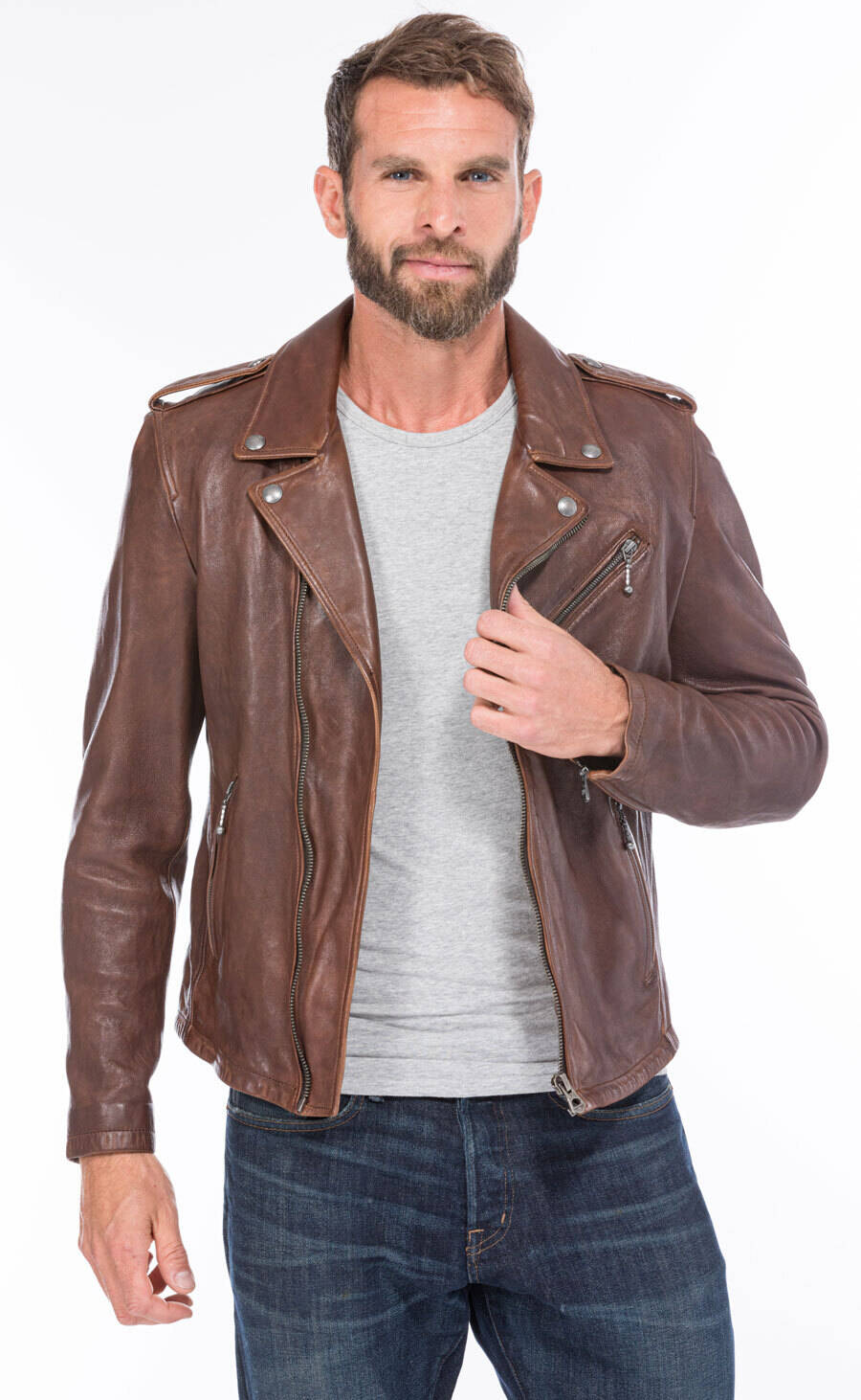 blouson cuir homme style biker perfecto 101485 cognac foncé  (8)