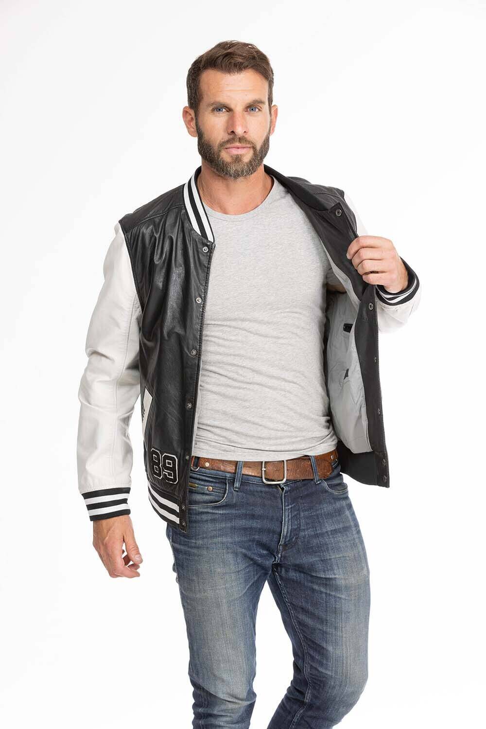 blouson cuir homme teddy bluno noir blanc (7)