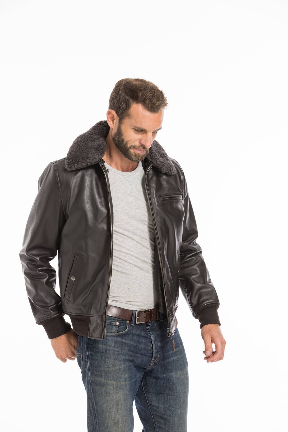 Chaqueta Aviador de Cuero con Cuello Removible, Schott NYC, Hombre