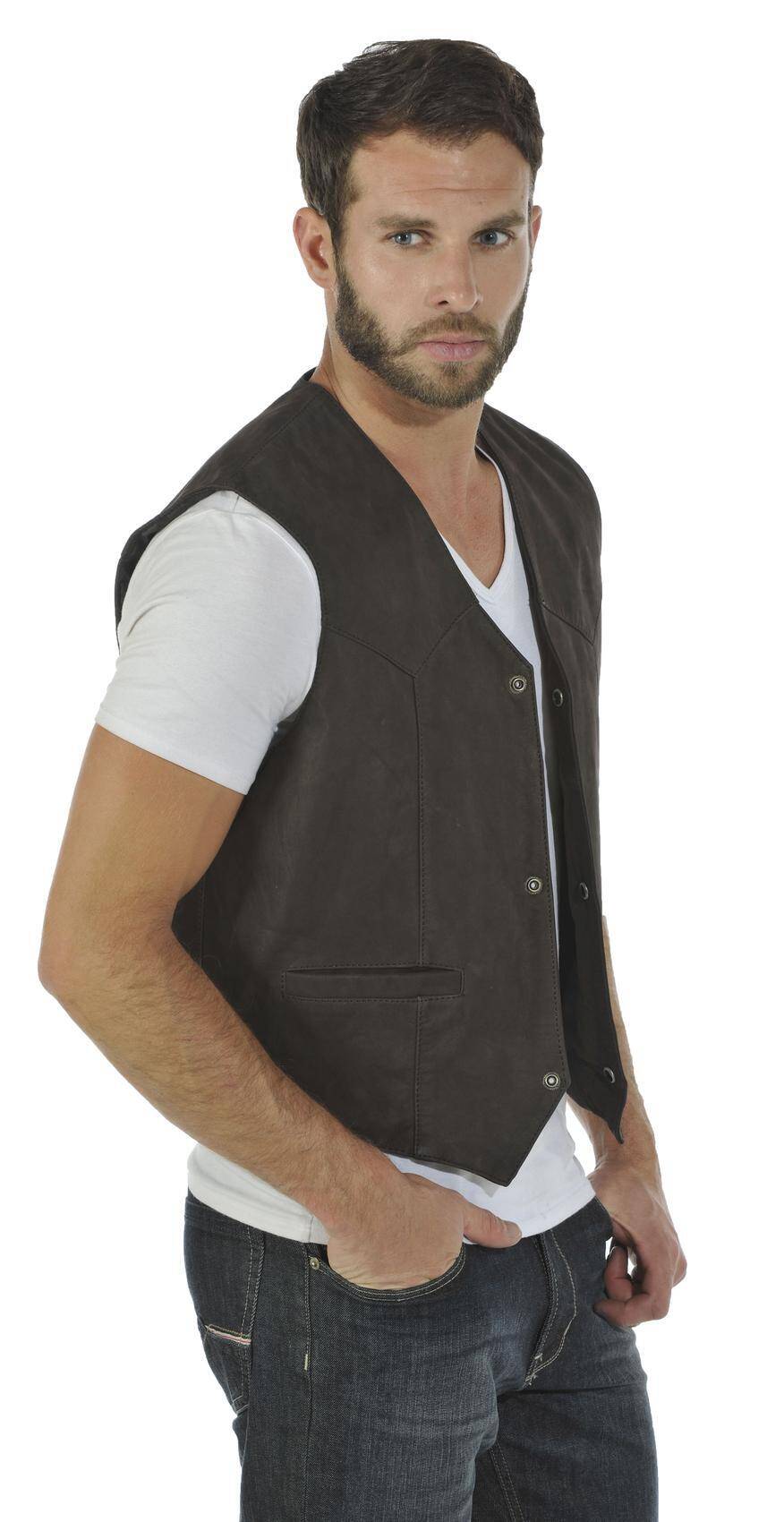 gilet sans manches en cuir pour homme marron aspect daim nubuck gilet timber biais