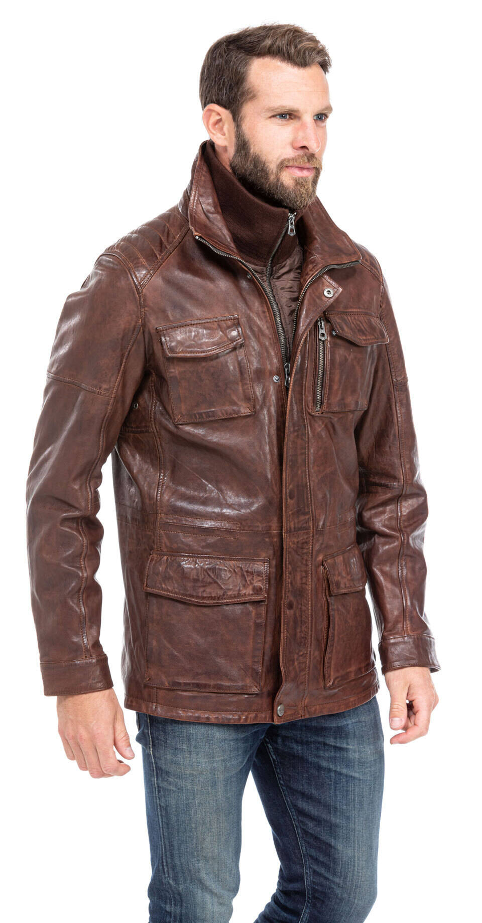 veste cuir homme agneau dark cognac 101284 style saharienne (4)