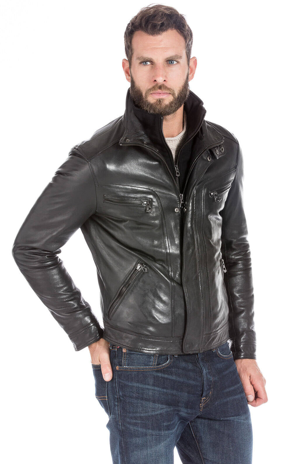 Veste cuir homme noir classique 100737-14165